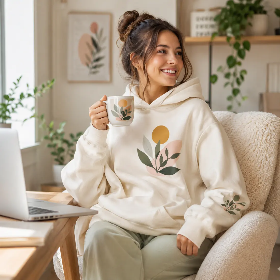 Custom hoodie and mug with botanical artwork