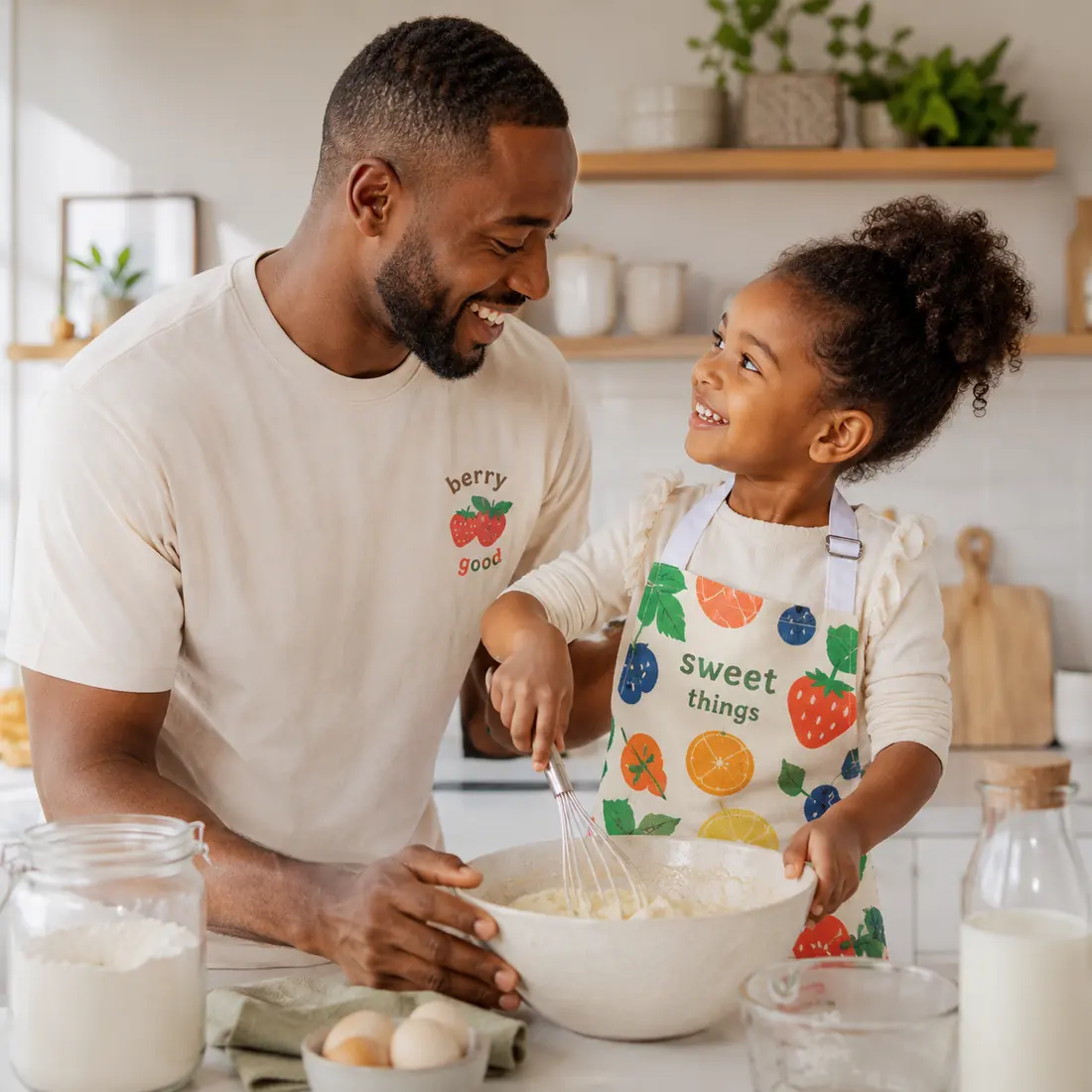 Matching custom shirt and apron in a home kitchen