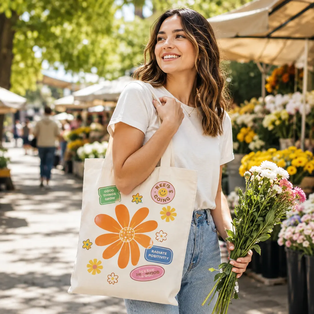 Custom tote bag at a flower market